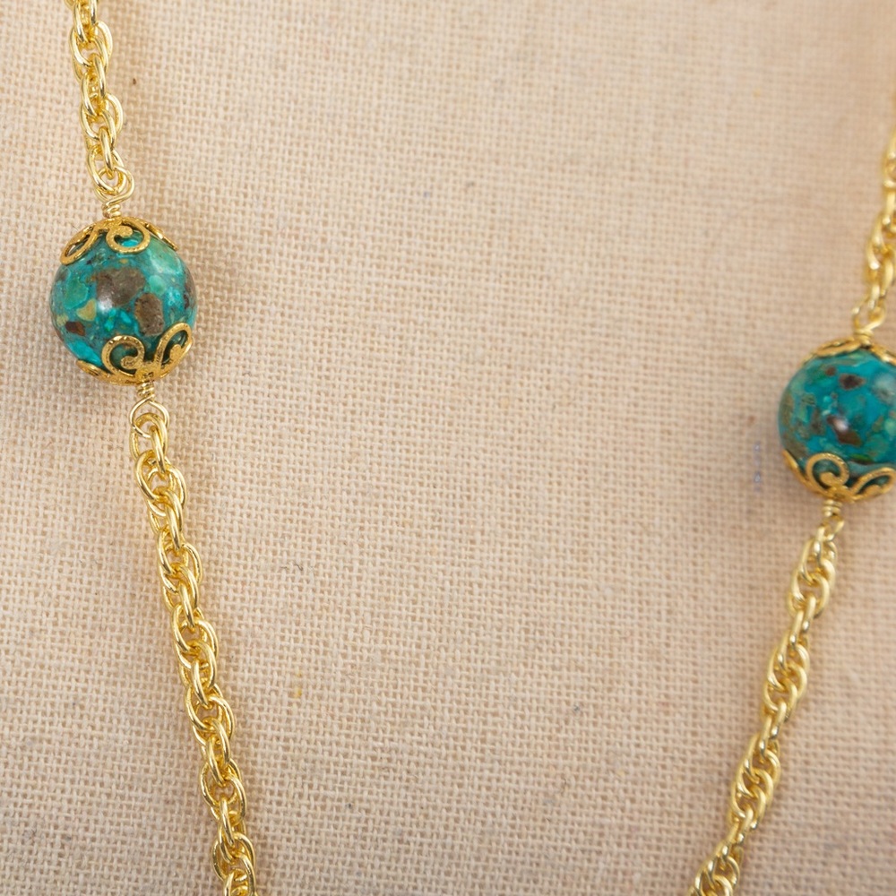 JTV gold tone longer style necklace with turquoise balls approx 29.5” length - Picture 13 of 16